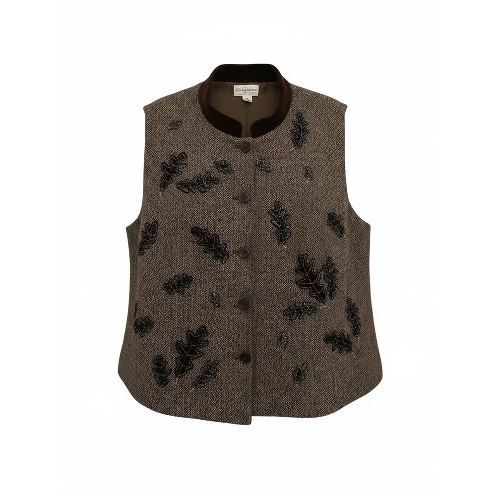 Talbots Woman Petites Brown Herringbone Wool Silk Vest Velvet Fall Applique 2X